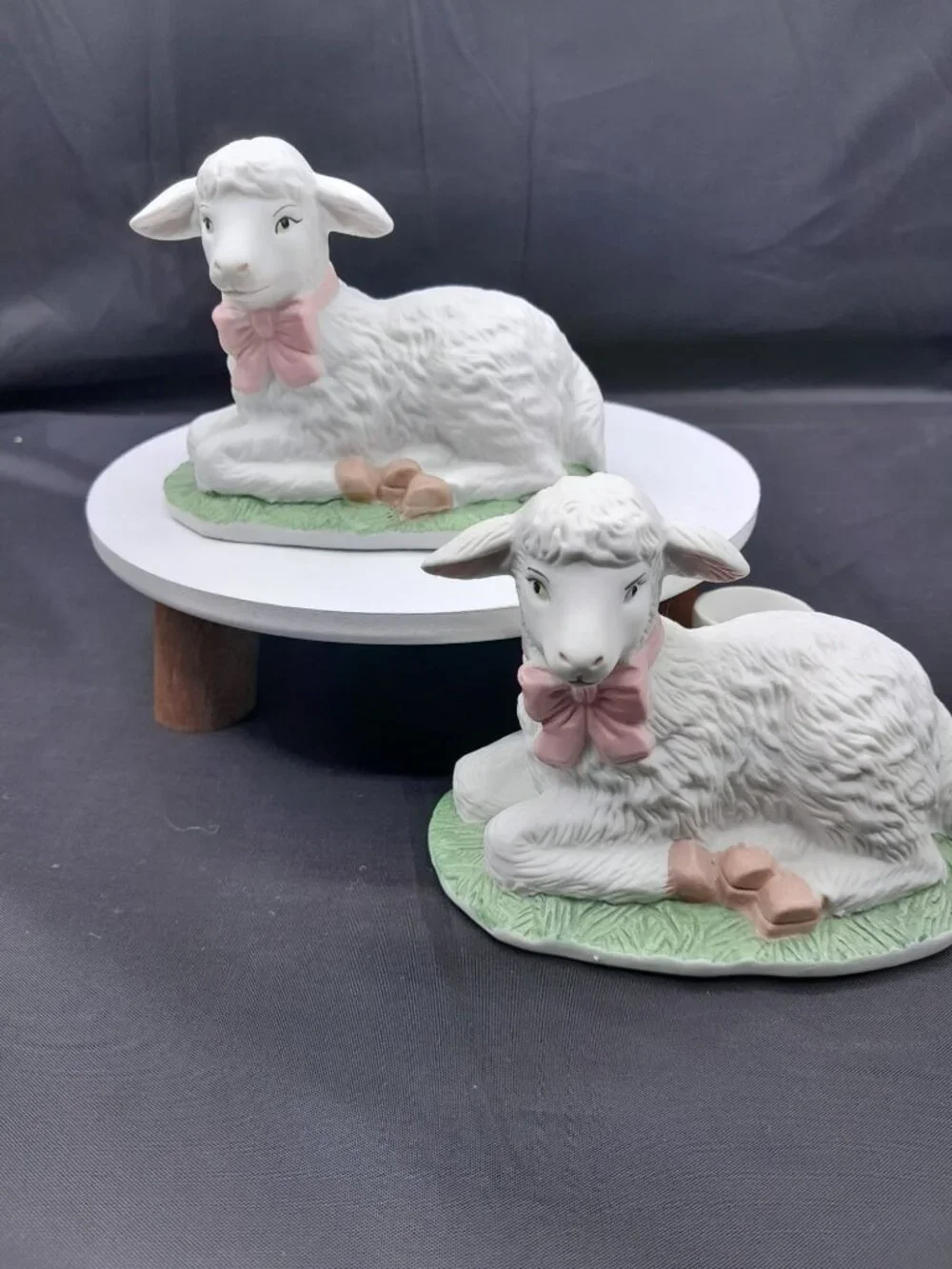 (2) WHITE LAMB PORCELAIN BISQUE TAPER CANDLE HOLDERS SPRING SUMMER EASTER VTG.